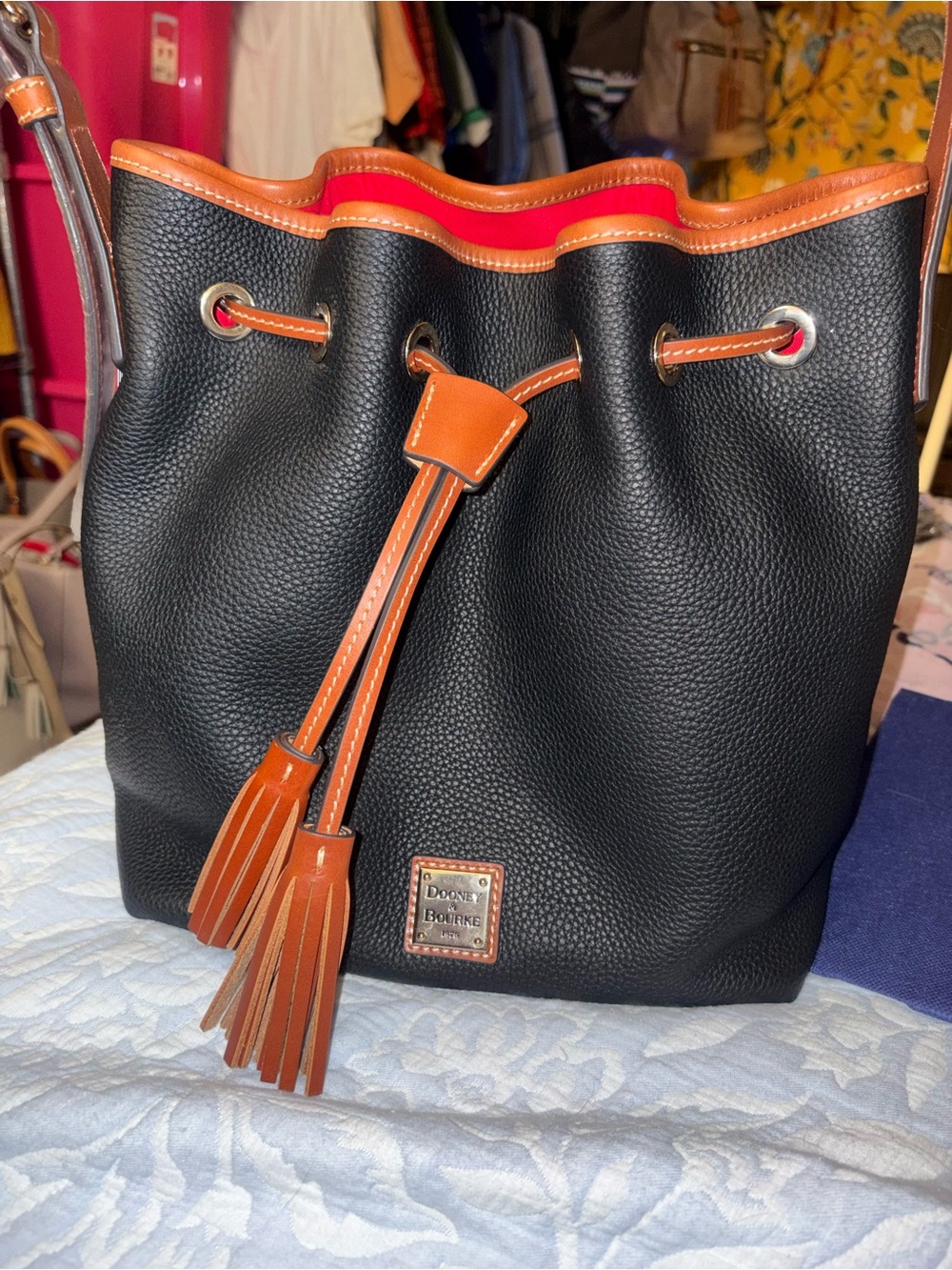 New Dooney And Bourke Aimee Black Pebble Leather Drawstring Bucket Bag